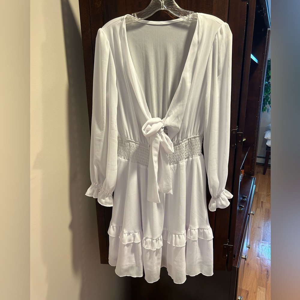 White Tie-Front Long Sleeve Mini Dress